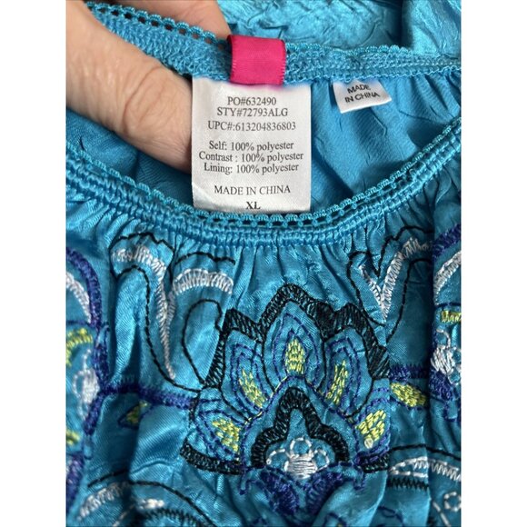Y2K Embroidered Crushed Satin Babydoll Top Size XL Heartsoul Turquoise Milkmaid - Picture 5 of 5